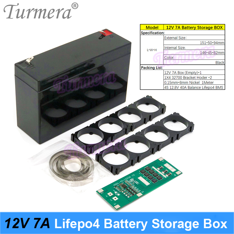 Caja de almacenamiento de batería Turmera 12V 32700 Lifepo4 4S 40A Balance BMS Níquel con soporte para fuente de alimentación ininterrumpida y uso en motores: Negro