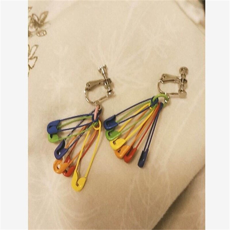 without piercing 7 color rainbow acrylic chains clip on earrings women trendy plastic chains clip earring brincos di154: clipon pin