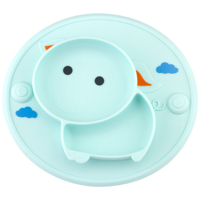 Qshare Baby Feeding Learning Bowl Cute Pig Silicone Suction Plate Placemat Kids Feeding Dinnerware Baby Food Dishes Pratos: Cyan