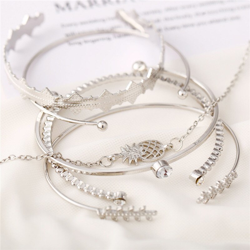 Woozu 6Pcs/set Bohemian Silver Color Pineapple Crystal Opal Open Bracelet Set For Women Punk Boho Beach Bangle Jewelry