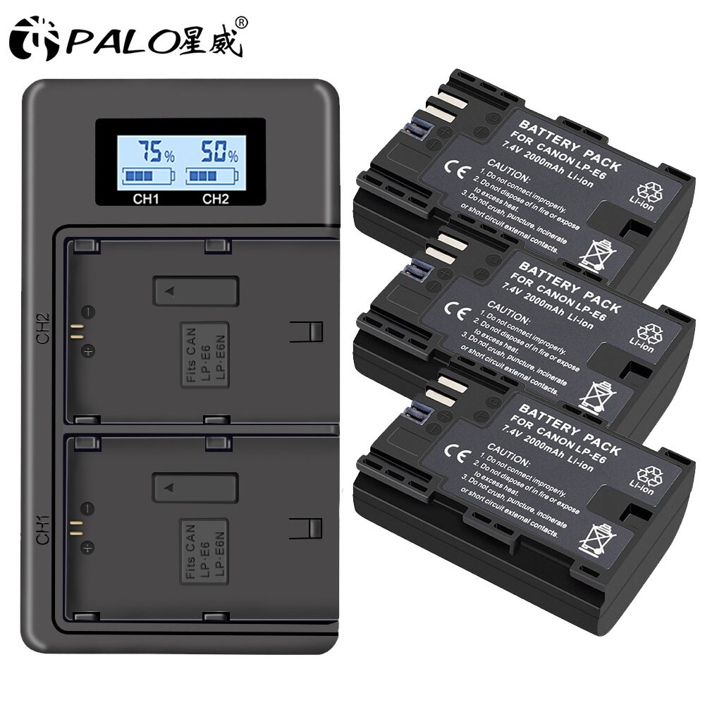 PALO LPE6 LP-E6 E6N LP E6 Camera Battery +LCD Dual Charger For Canon EOS 5DS R 5D Mark II 5D Mark III 6D 7D 70D 80D XC10 Camera: 3 battery 1 charger