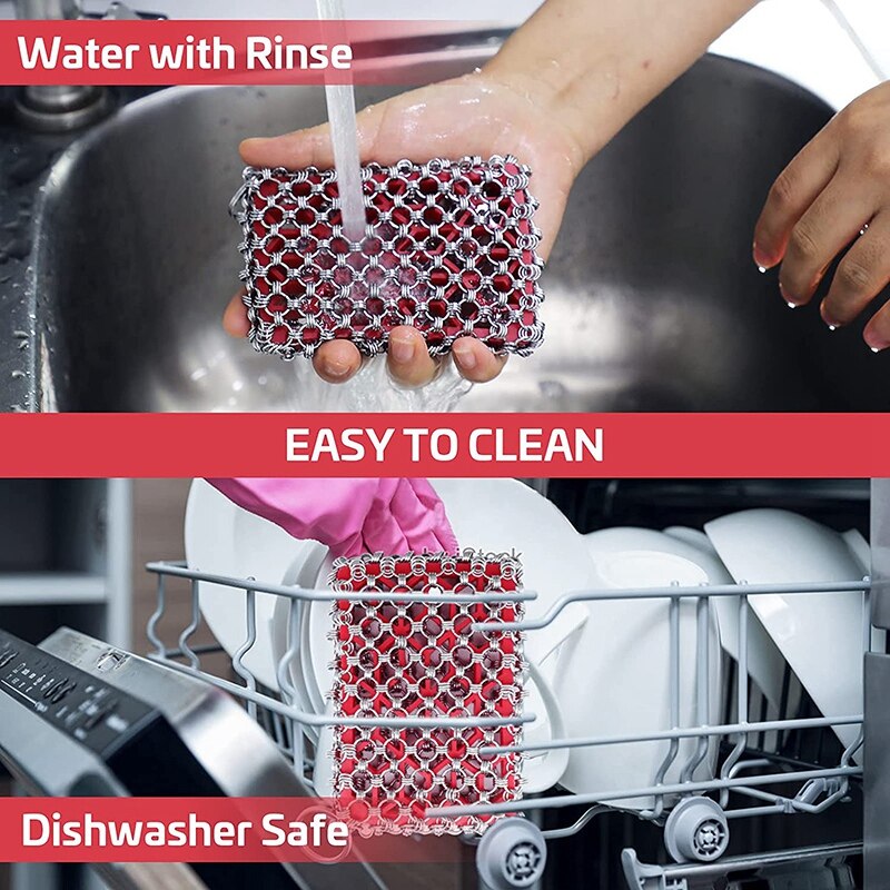 Cast Iron Frying Pan Cleaner 316 Stainless Steel Chain Armor Scrubber Built-in Silicone Cleaning Kitchen Utensils