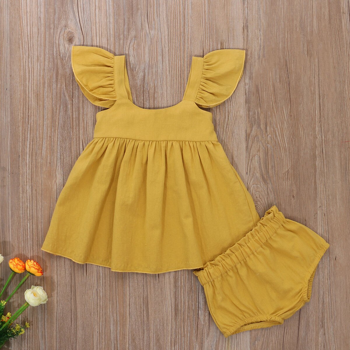 Peuter baby zomerkleding katoenen outfit ruches mouwloos gulpmouw mini-jurkje top + elastische taille shorts voor babymeisje 0-24m