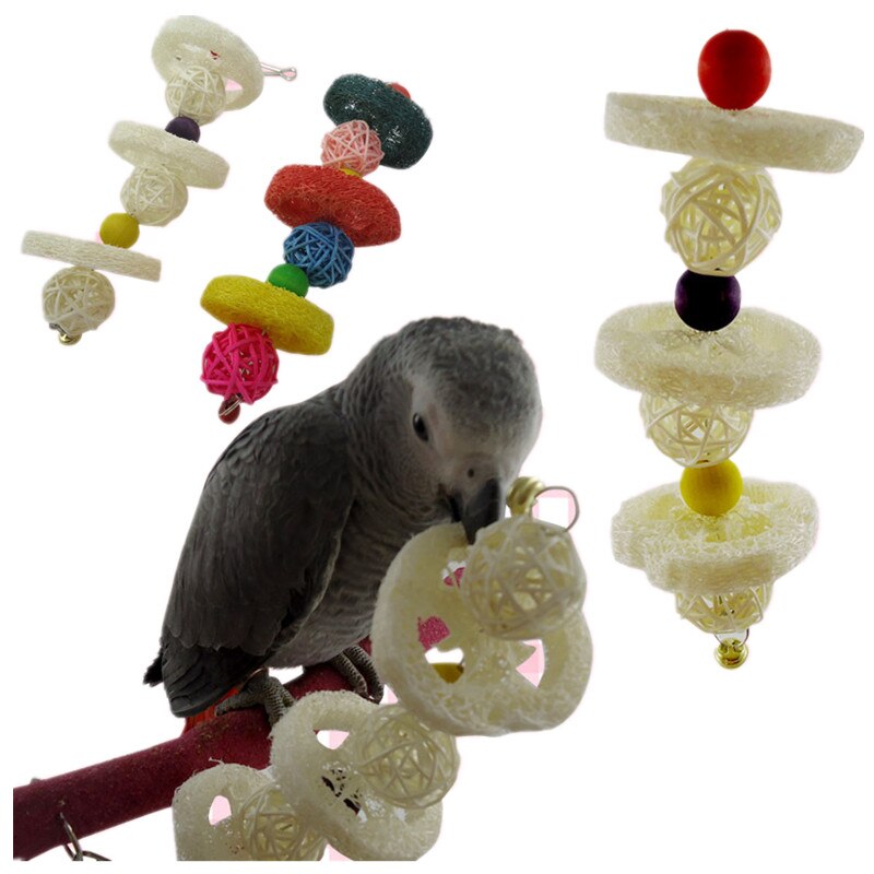 Kleurrijke Loofah Sepak Takraw Papegaai Vogel Station Rack Beten Kauwen Op Opknoping Speelgoed Met Bells Swing Speelgoed Vogels Stand hanger