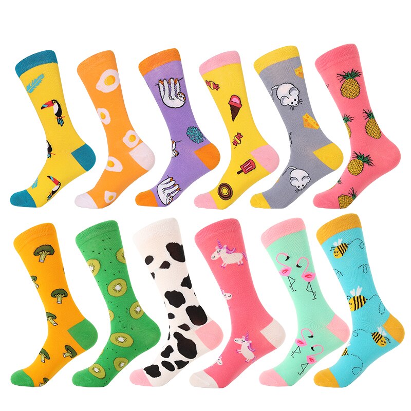 MYORED 12 par/lote calcetines informales para hombre a cuadros coloridos dibujos animados de frutas animales lunares rayas feliz de negocios calcetas de algodón de vestir Hombre: T032