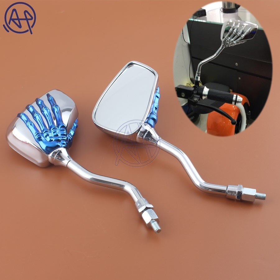 For All 10mm/8mm Mirror Bolt Honda Suzuki Motorcycle Chrome+Blue Metal Skeleton Skull Hand Claw Rear-View Clear Lens Side Mirror