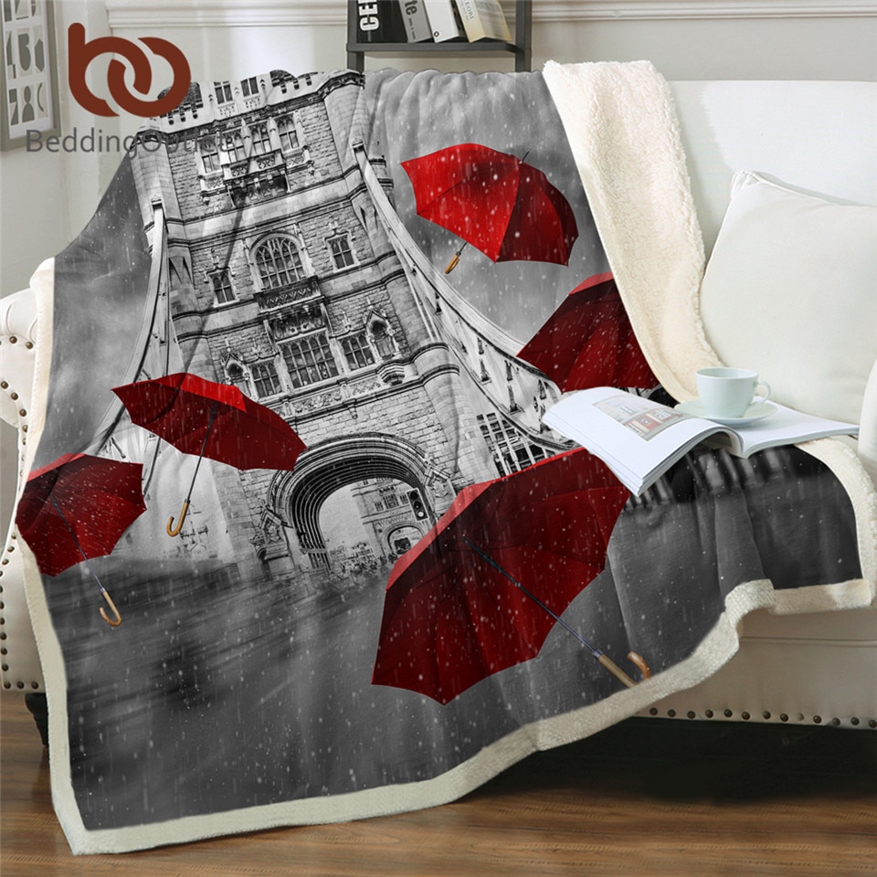 Beddingoutlet Rode Paraplu Sherpa Deken Tower Bridge Op River Thames Bed Deken Romantische Beddengoed Engeland Londen Worp Deken