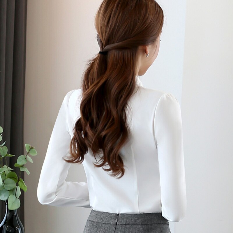 Camisa para mujer, blusa Formal de manga larga, ajustada, corbata moño de chifón, blusa blanca, ropa de trabajo de talla grande