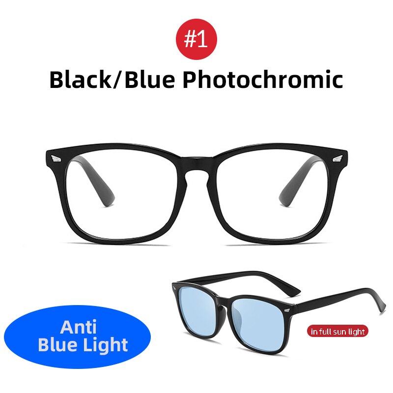 Classic Photochromic Blue Light Blocking Glasses Men Square Color Changing Anti Blue Ray Computer Chameleon Eyeglasses: 1 Blue Photochromic