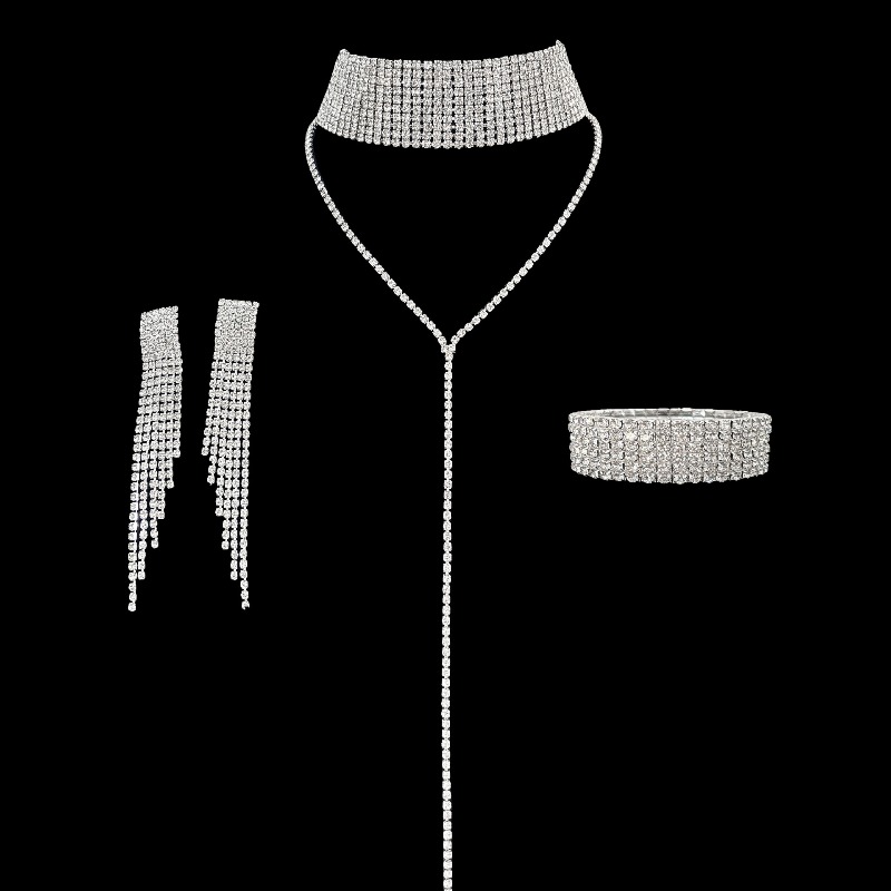 Halskette, ohrringe, armband, dreiteiliges set für damen, modische und sexy halskette, quastenohrringe, funkelnde accessoires: Hellgelbgoldene farbe