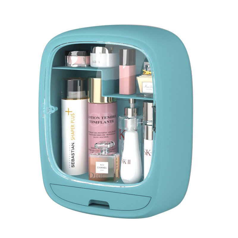 Bathroom Wall-mounted Jewelry Makeup Organizer Large Capacity Jewelry Cosmetic Storage Box Women Skin Care Beauty Rack: Blue-B