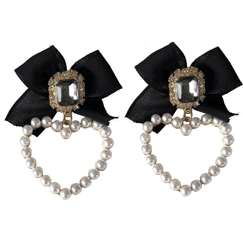 Temperamento coreano orecchini a Clip con fiocco in strass retrò BowKnot nero perle a forma di cuore Clip su orecchini senza foro per la festa delle donne