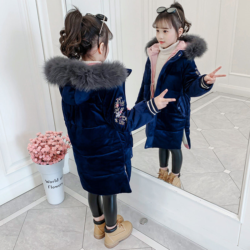 High Grade Girls Embroidery Long Jacket Coat Fur Hoodies Kids Princess Royal Sapphire Flower Embroidery Coat for Winter