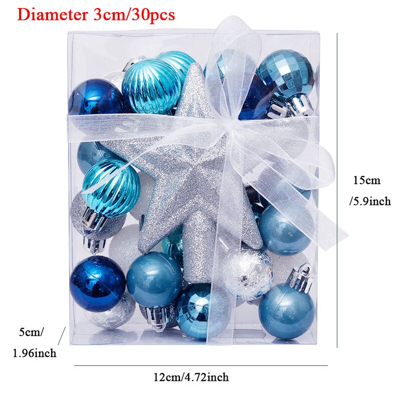 90 Stks/set Kerstballen Met Boom Top Sparkle Sterren Opknoping Bal Kerstballen Sneeuwvlok Kerstboom Decoratie Ballen Ornament: 30 Pcs Blue White