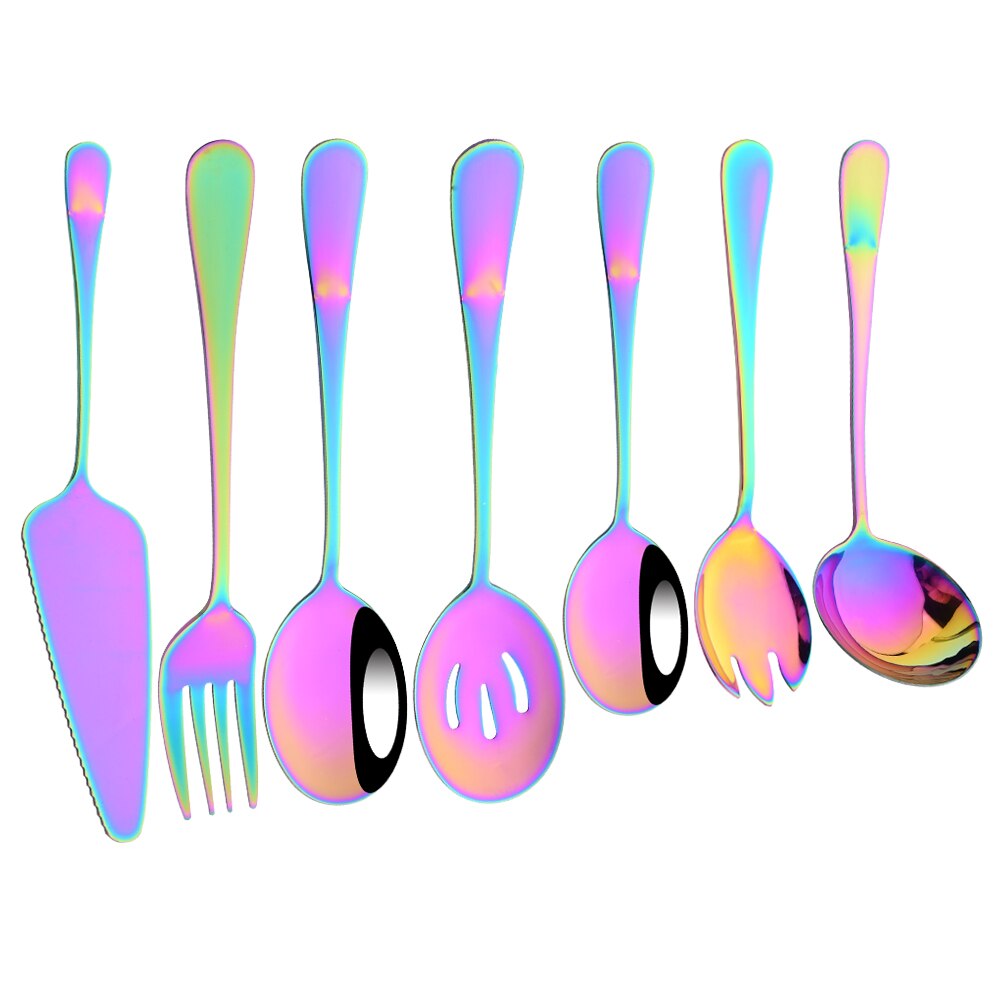 7Pcs Gold Stainless Steel Dinnerware Set Soup Spoon Colander Spoon Service Spoon Salad Fork Cake Spatula Kitchen Home Tableware: Rainbow
