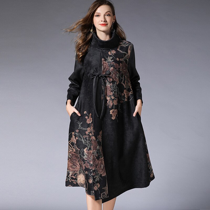 Robes d'hiver femmes grande taille robe orientale rouge col haut manches longues robe en daim Midi élégantes robes chinoises AA4441
