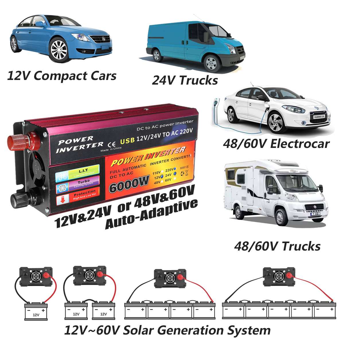 Bil inverter 12v 220v 6000w solenergi inverter spænding konverter transformer  dc 12v & 24v 48v & 60v til  ac 110v/220v auto tilpasning