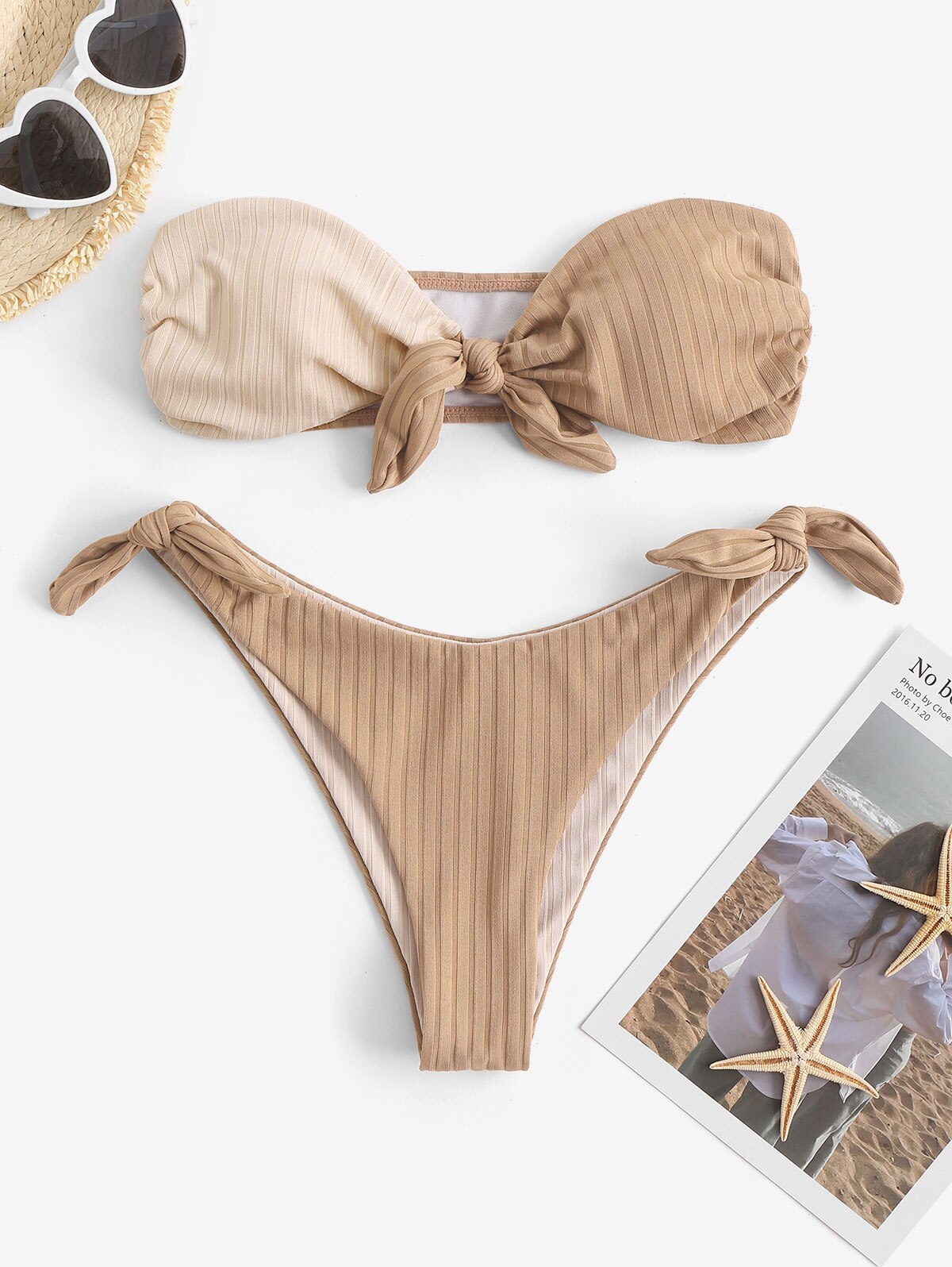 Zaful Vrouwen Badpak Kleurblok Half En Half Half Print Trend Twee Tone Geknoopt Monochrome Geribbelde Padded Bikini Set Monokini: S