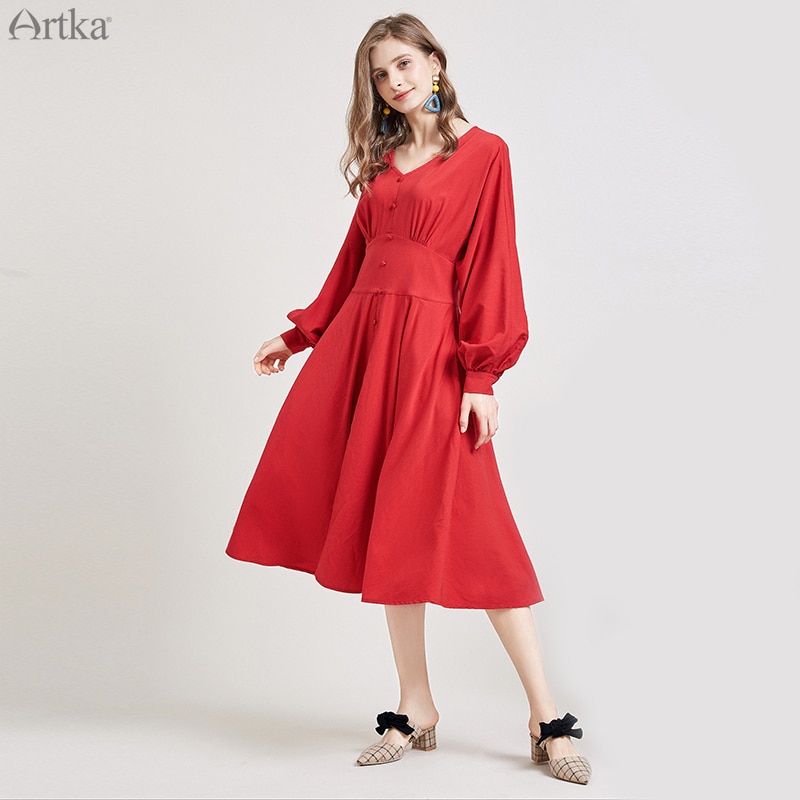 ARTKA Herfst Winter Vrouwen Jurk Vintage Rode Elegante V-hals Jurken Lantaarn Mouwen Lange Jurk Voor Vrouwen LA15299Q