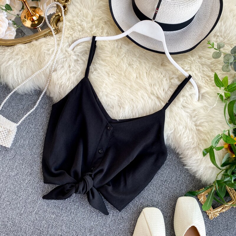 Kvinde street-wear sexet strop top v-hals rygløs crop top koreansk stil solid knap slanke korte tank tops: Sort