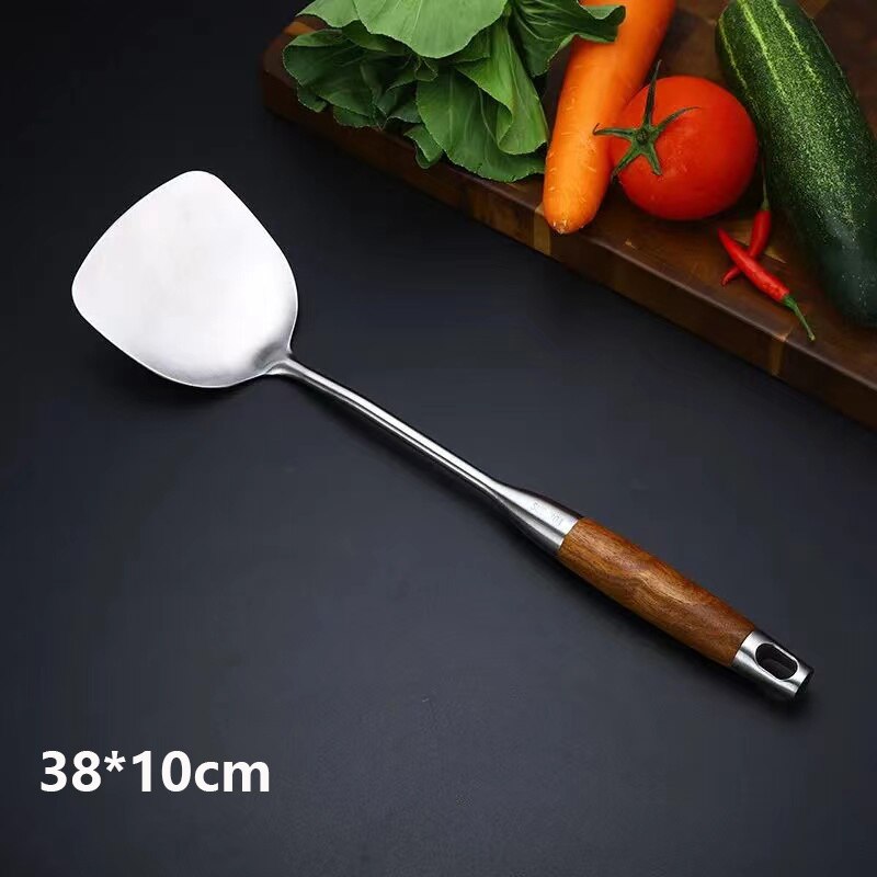 Manche en bois de rose, spatule Wok en acier inoxydable, pelle fendue, retourneur cuillère à riz, ustensile de service, outils de cuisine: 1