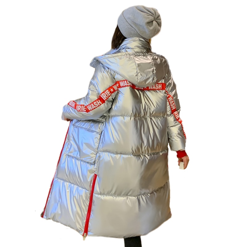 hiver longue veste pour femmes col montant Parka femme manteau à capuche avec tissu brillant Long coton rembourré