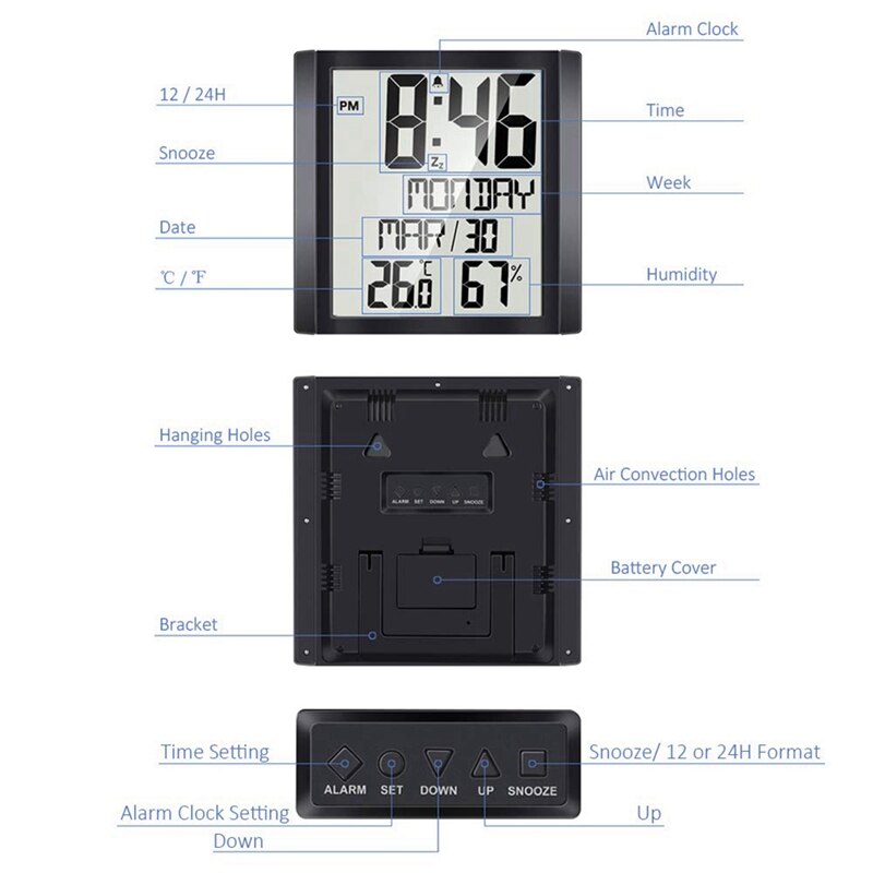Digital Wall Clock with Temperature &amp; Humidity 8.6 inch Large Display Time/Date/Week Alarm Clock for Home Office