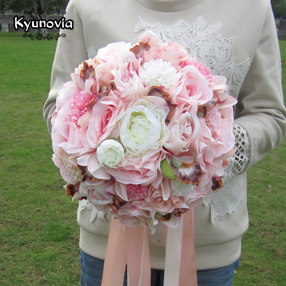 Kyunovia soie mariage Bouquet fleurs mariage souvenir Bouquet mariée Bouquet corail Rose et Rose hortensia mariage Bouquet FE36