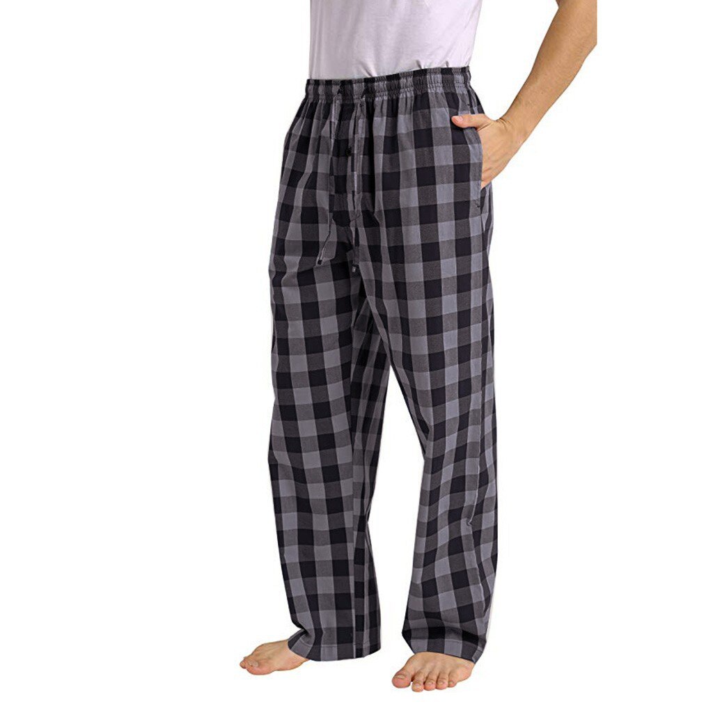 Pijamas a cuadros para hombre, pantalones de algodón y lino, holgados, de talla grande, 2022 KG, ropa de casa a cuadros azules, 200: Grey Plaid / S