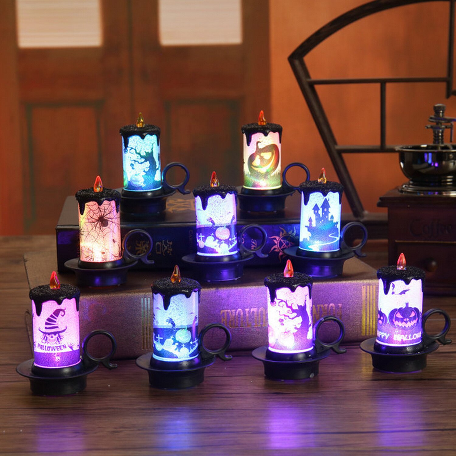 Halloween Led Kaars Licht Vlamloze Flickering Flashing Pompoen Heks Kaars Thee Licht Home Party Decoratie Lamp Willekeurige Kleur