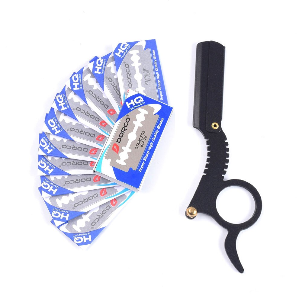 Multi-function Barber Beard Straight Edge Razor with 10 Knife Blades Eyebrow Trimming Blades Replaceable Beard Shaving Tools: Black