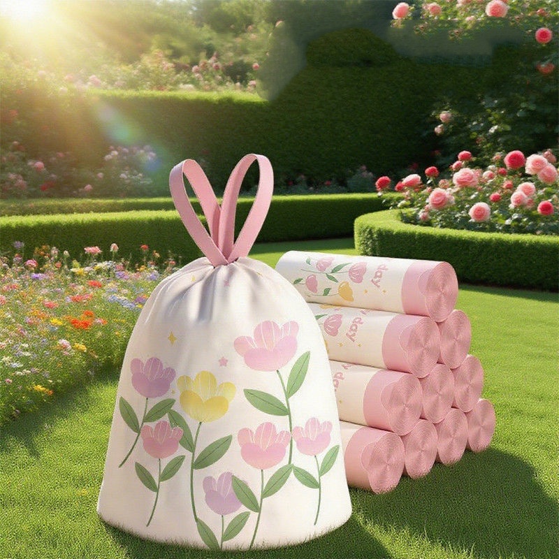 50 stuks grote, dikke vuilniszakken met trekkoord en lavendelgeur - gemaakt van hoogwaardig polyethyleen, multifunctionele wegwerpzakken, geschikt voor keuken, badkamer, slaapkamer, woonkamer en toilet - met roze en gele bloemenprint en de tekst "happy day".