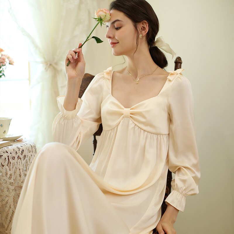 Lente Lange Stijl Vintage Nachthemden Vrouwen Volledige Mouwen Mid-Kalf Zijde Nacht Jurk Sexi V-hals Nachtkleding Meisjes Zoete Boog nightie
