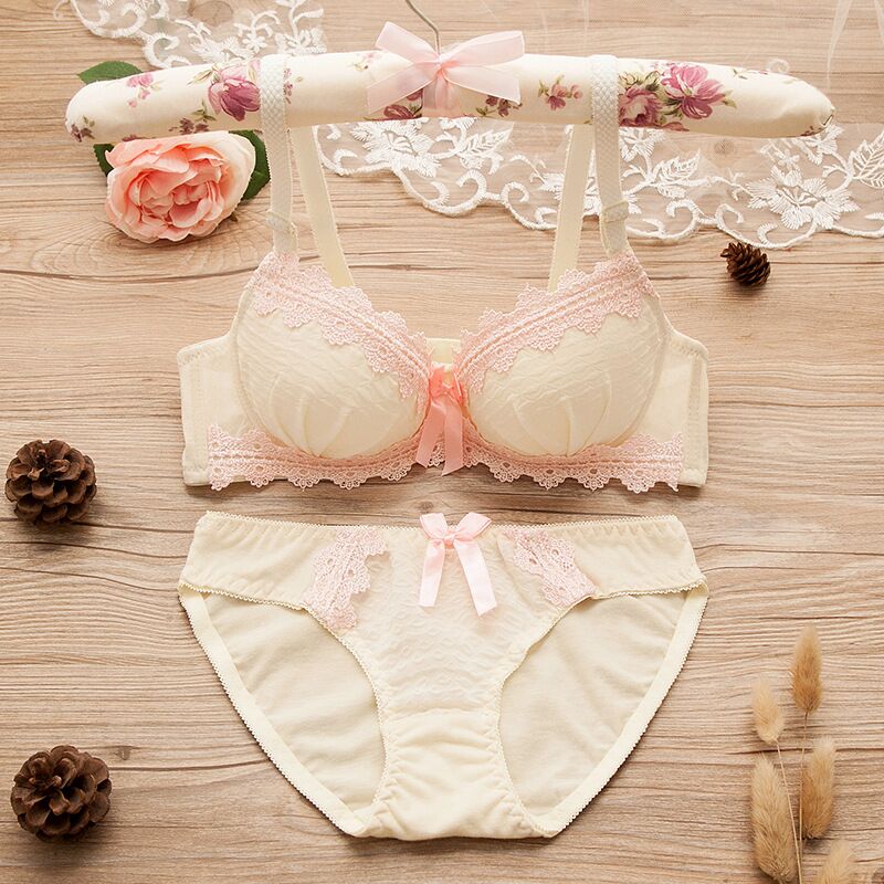 Set reggiseni e mutandine per ragazze adolescenti pizzo senza anello in acciaio Set reggiseno per ragazza, slip intimo per ragazza Sexy regolabile reggiseni siere 3/4 Cup: Beige / 16