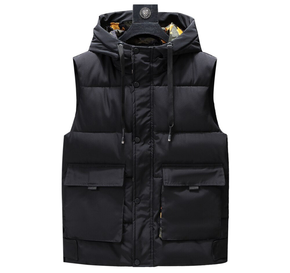 Herren Winter Jacken Casual Westen Männer Sleeveless Hoodie Mäntel Männlichen Baumwolle Padded Warme Dünne Große Tasche Weste