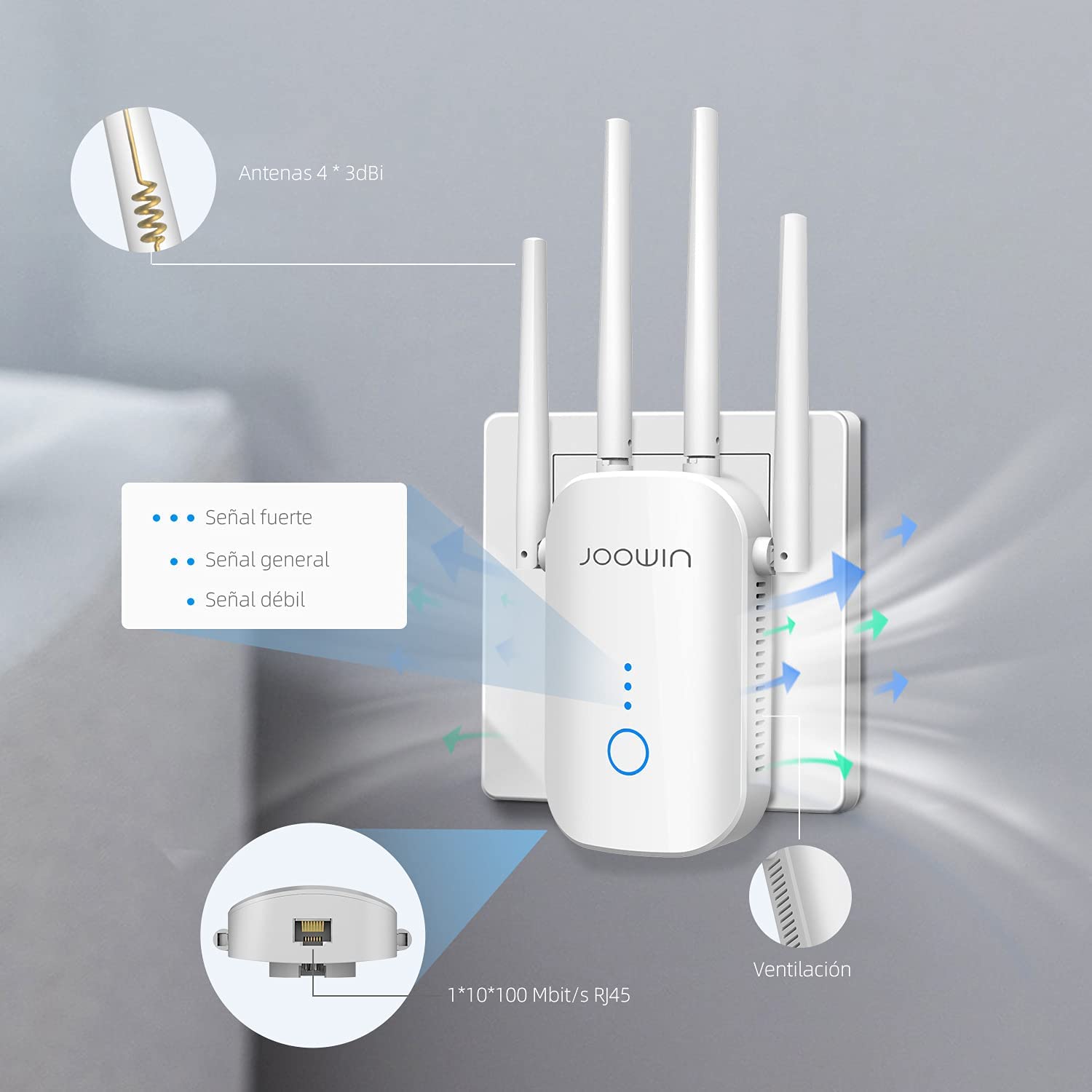 JOOWIN AC1200 Repetidor WiFi 2,4GHz&amp;5GHz Amplificador WiFi WiFi Range Extender WiFi Booster con Ap/Repetidor/Enrutador Modo,WiFi Repeater con 4*3 dBi Antenas y Puerto LAN/WAN