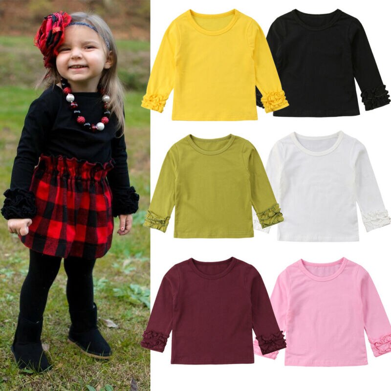 1-5Y Peuter Kinderen Meisje Mode Puff Met Lange Mouwen Tops Kleding T-shirt Tee Tops Herfst Casual Solid Katoen Zachte Kant t-Shirt