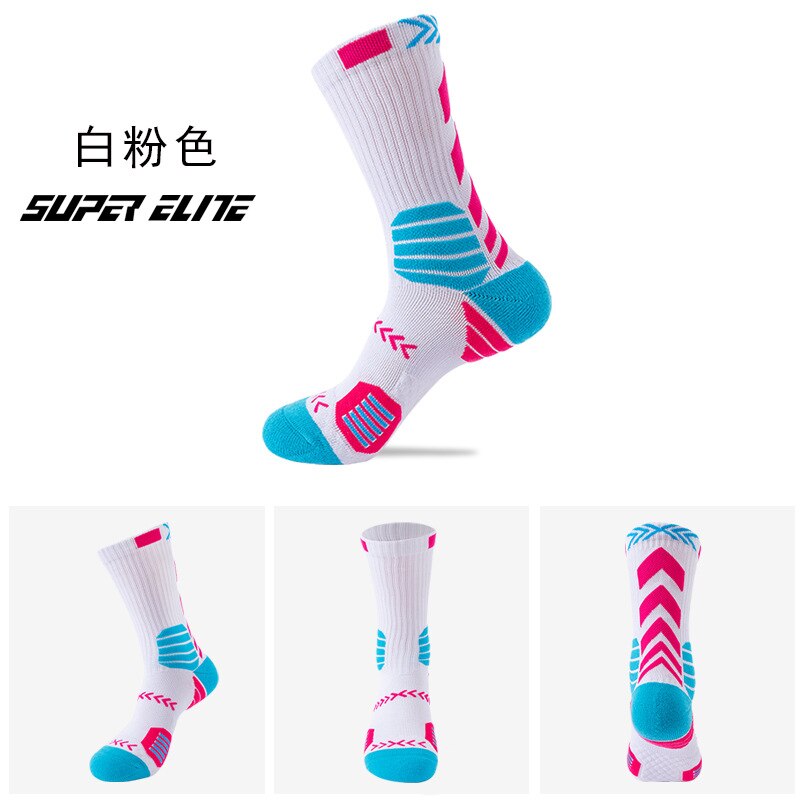 Men's Basketball Sock Cushion Athletic Long Sports Outdoor Socks Free size: white pink