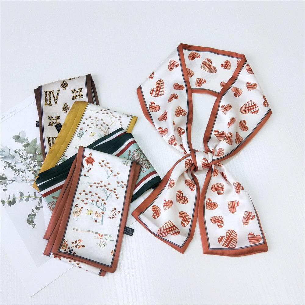 Kleine twill zijden haarsjaal voor dames print halsdoek lint sjaal lange smalle hoofddoek handvat tas sjaals voor dames
