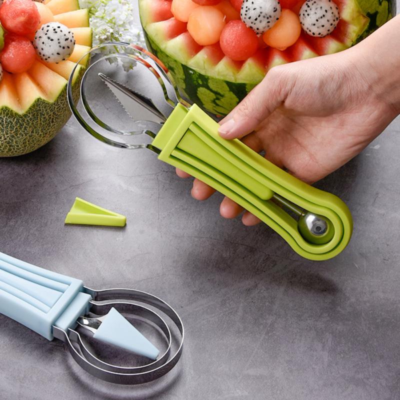 Cortador de sandía 4 en 1, cuchillo para tallar fruta, cuchara de helado de sandía, separador de pulpa de fruta, accesorios de cocina