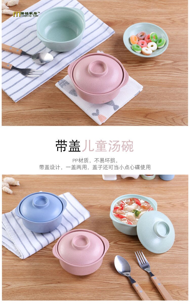 1PC Pure natural wheat straw Lovely Lunch Tray Dishes Soup Bowl with Lid Dinnerware Plate Plastic Tableware LF 132