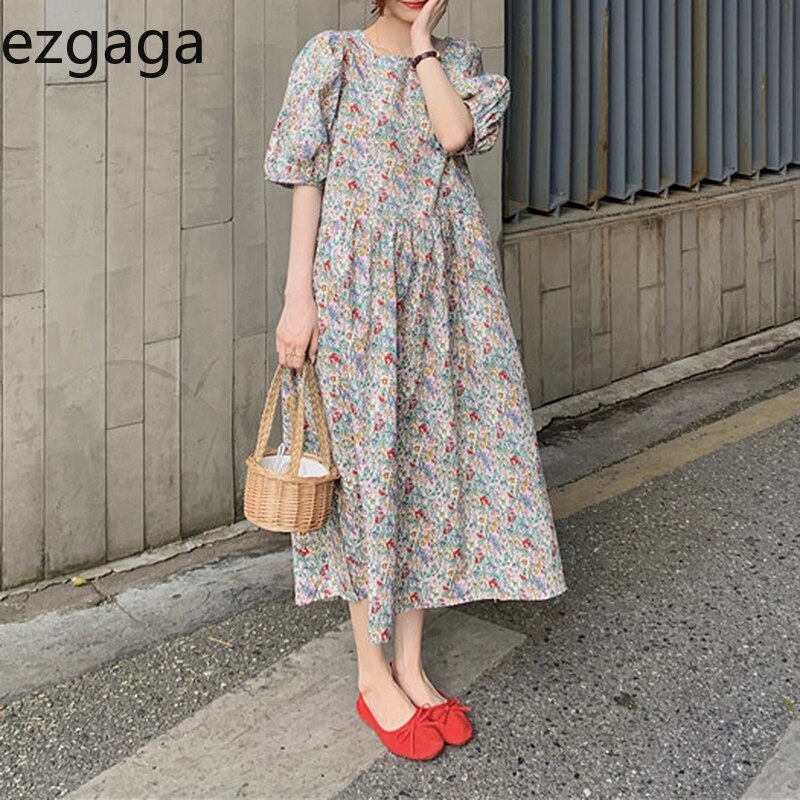 Ezgaga floral impresso vestido feminino estilo francês vintage meia manga sopro 2021 primavera verão menina terno vestidos elegantes