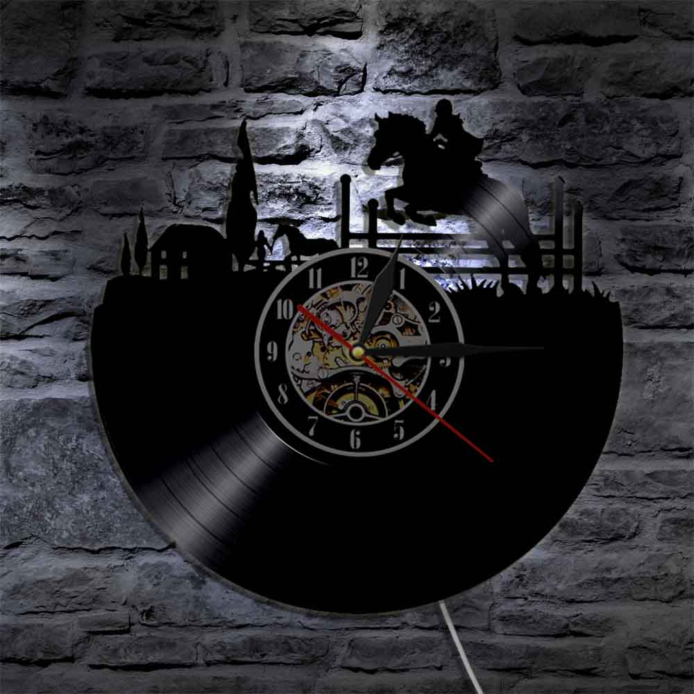 Decoración ecuestre de pared para montar a caballo, lámpara de pared de disco de vinilo Vintage, reloj LED luminoso de salto de caballo, reloj colgante de pared silencioso