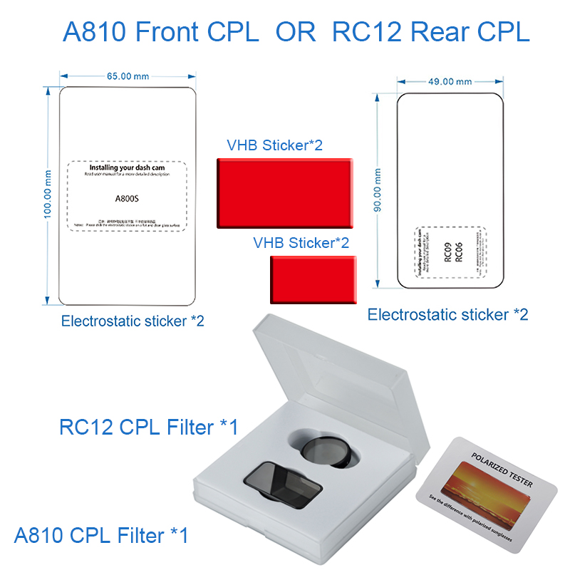 Per filtro CPL 70mai solo per filtro CPL 70mai A810 per fotocamera posteriore 70mai RC12 filtro CPL adesivo VHB e adesivi statici: Rosso