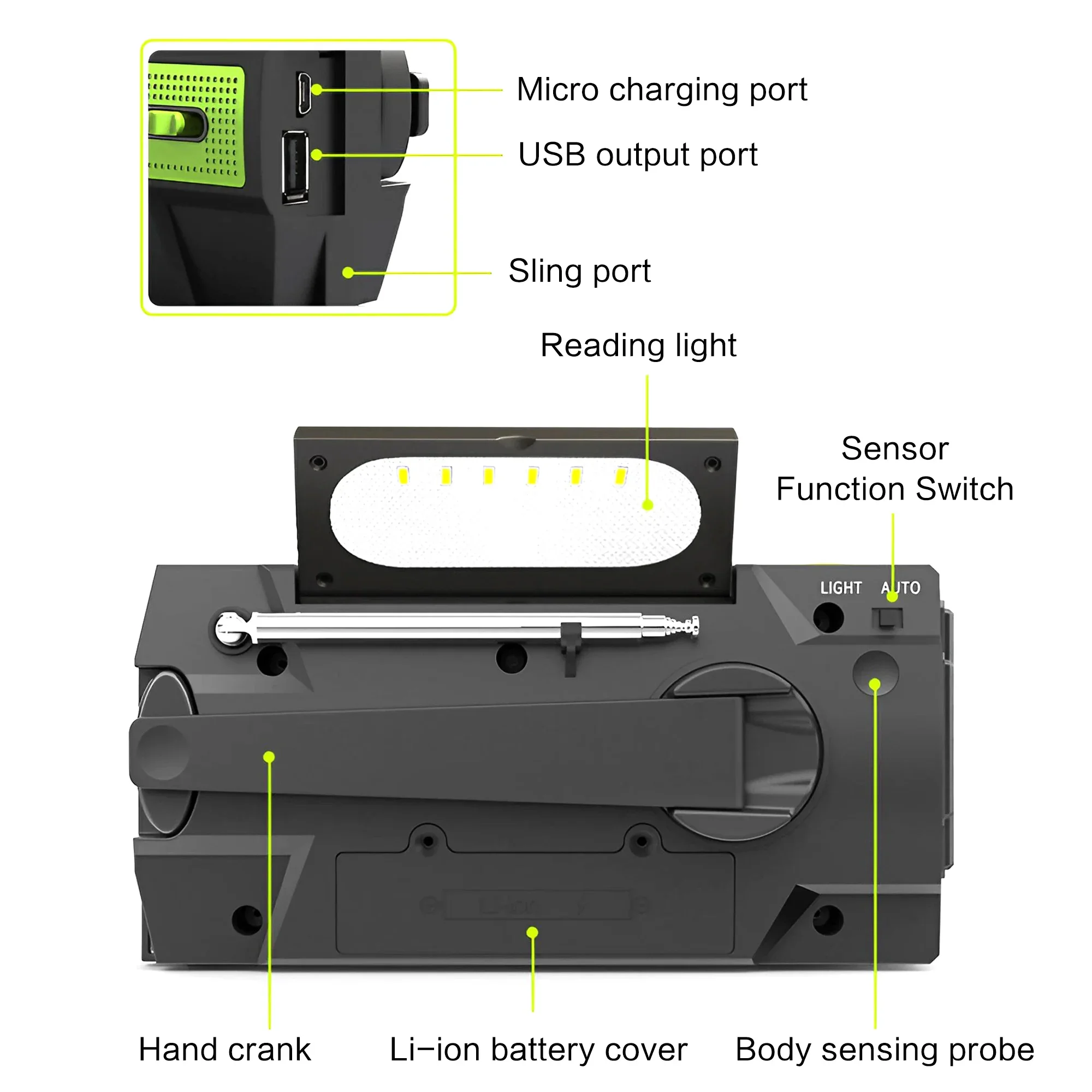 Rádio meteorológico de emergência multifuncional rádio fm am wb manivela solar carregamento usb 2000mah power bank lanterna led tocha
