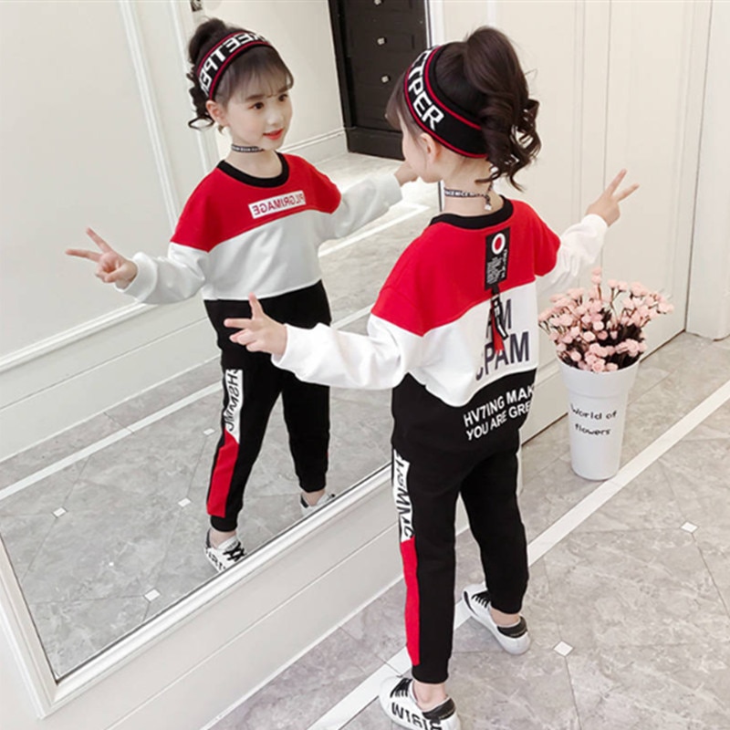 4-12 lat dziewczyny odzież zestaw 2019 wiosną i jesienią nowe dzieci dziewczyny strój sportowy moda O-neck dwuczęściowy czerwony i różowy garnitur