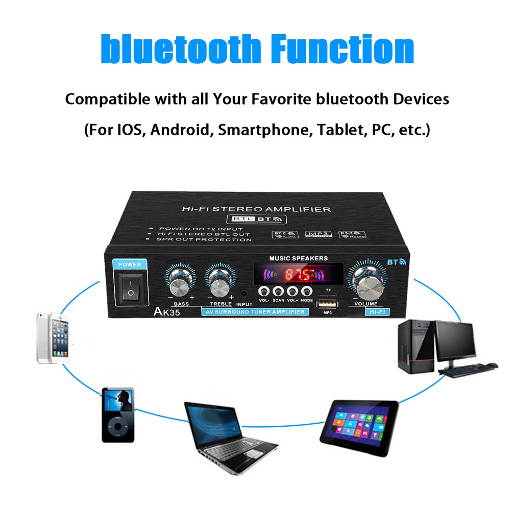 AK35 Bluetooth-Compatibel Hifi Stereo Audio Versterker Amp Met Usb Tf Rca Aux + Remote
