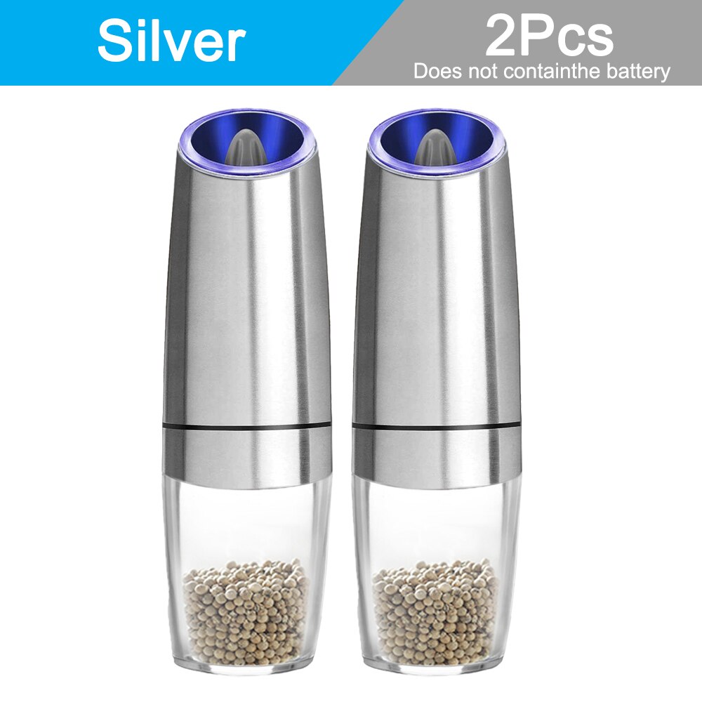 Electric Automatic Mill Pepper and Salt Grinder LED Light Spice Salt Pepper Core Grain Mill Porcelain Grinding Kitchen Tools: 2 Pcs Silver A