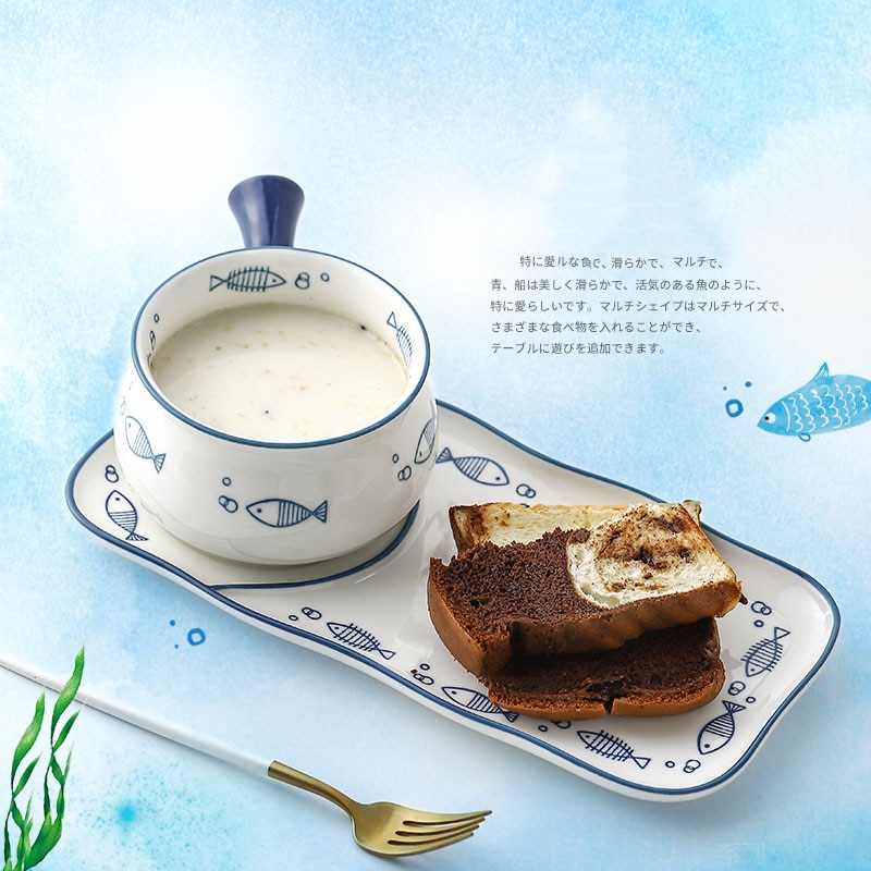 Ceramic Plate Bowl Set Cute Fish Pattern Breakfast Tableware Cartoon Milk Cup Dessert Plate Creativity Japanese Bowl Dishes Set