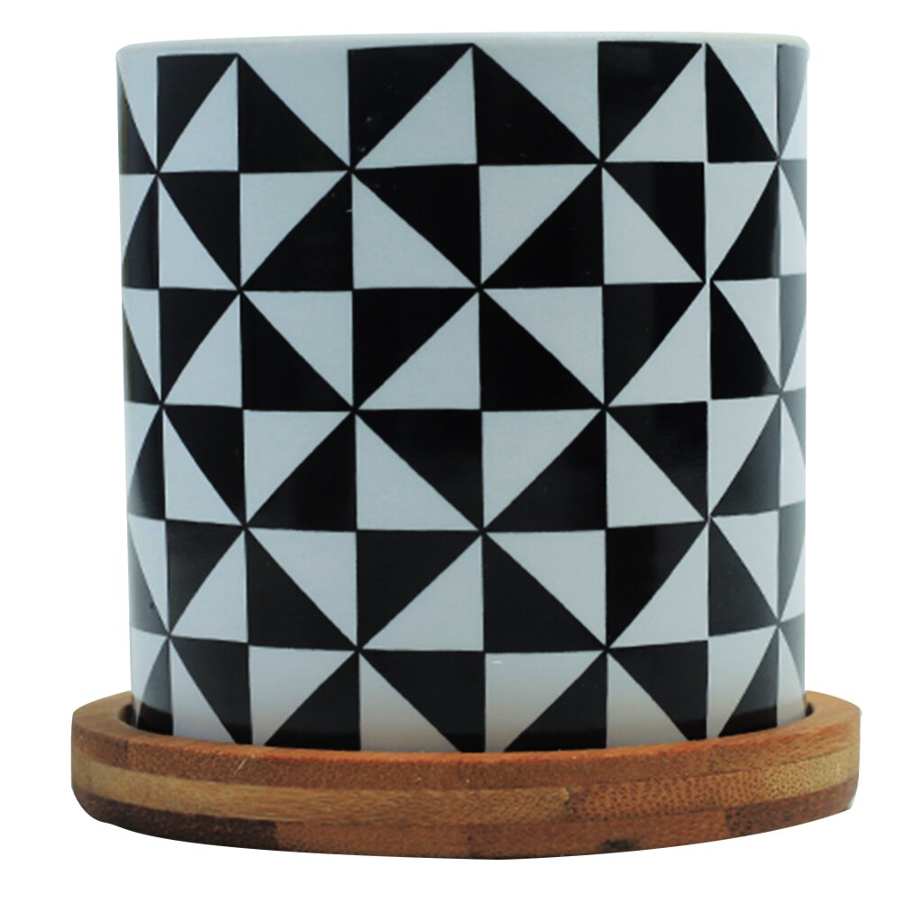 Jarrón de cerámica con forma de flor de escritorio, jarrón con forma geométrica, maceta sencilla para decoración de hogar y oficina con bandeja de Bambú: 8